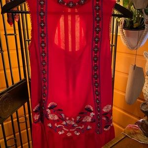 Adorable Red Sleeveless Boho Hippie Embroidered Dress - S